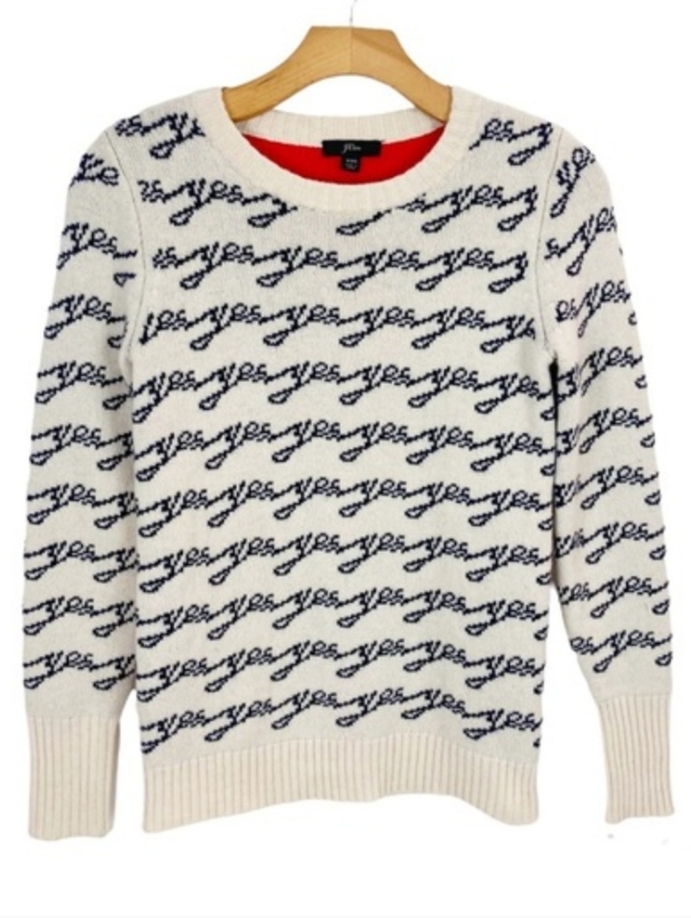 J. Crew Statement Yes/no Sweater Cream with Red/Navy Accents Size:S